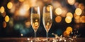 hands toasting with champagne glasses at party against glittering background with confetti, AI Generated Royalty Free Stock Photo