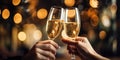 hands toasting with champagne glasses at party against glittering background with confetti, AI Generated Royalty Free Stock Photo