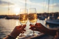 hands toasting with champagne glasses at party against glittering background with confetti, AI Generated Royalty Free Stock Photo