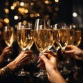 hands toasting with champagne glasses at party against glittering background with confetti, AI Generated Royalty Free Stock Photo