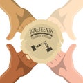 Hands togeter with juneteenth celebrate freedom emblem