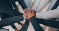 Hands together, closeup or business people with teamwork, support or solidarity. Team building, huddle or worker group Royalty Free Stock Photo