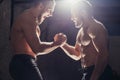 Hands together - fitness team after training - high five. togetherness concept Royalty Free Stock Photo
