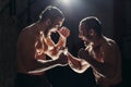 Hands together - fitness team after training - high five. togetherness concept Royalty Free Stock Photo