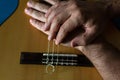 Hands on top of a classical guitar