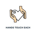 hands touch each other and red heart icon. receive or accept love, philanthropy, volunteering or assistance, modern design,
