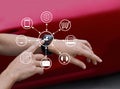 Hands touch icon customer network connection on smart watch, Omni Channel Royalty Free Stock Photo