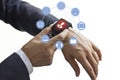 Hands touch icon customer network connection on smart watch, Omni Channel or Multi channel Royalty Free Stock Photo