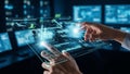 Hands touching a futuristic transparent digital interface with glowing circuit diagrams and data Royalty Free Stock Photo