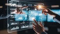Hands touching a large interactive holographic display showing global data analytics and logistics network Royalty Free Stock Photo