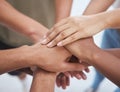 Hands, training and business people collaboration in support of team building, idea and mission. Hand, teamwork and Royalty Free Stock Photo