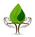 Hands tree water drops leaf shape logo Royalty Free Stock Photo