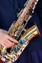 Hands on a trumpet close up. Royalty Free Stock Photo