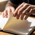 Of page-turning, with details like fingernails and creased knuckles Royalty Free Stock Photo
