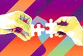 Hands with two puzzle pieces abstract background , modern illustration for teamwork, partnership , relationship , connection and c