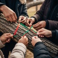 Hands Tying Ribbons on Tree Trunk - Symbol of Unity and Collaboration Royalty Free Stock Photo