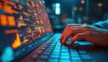 Hands type code on laptop with data analytics software interface. Programmer works on computer with big data engineering, server Royalty Free Stock Photo