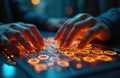 Hands type on glowing futuristic keyboard. Digital interface with orange hexagons lights up. Abstract data flow, tech innovation, Royalty Free Stock Photo