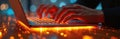 Hands type on glowing laptop keyboard. Orange data stream flows, showing digital info. Person codes, works on computer at night. Royalty Free Stock Photo