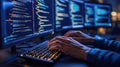 Hands type on illuminated computer keyboard. Multiple computer screens show code. Person works on tech project at night. Coding