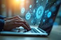 Hands type on laptop with data integration interface. Gears connect. Network communication, automation, cloud computing, digital Royalty Free Stock Photo