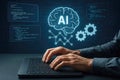 Person typing on a laptop with AI brain and code displayed on screen artificial intelligence programming Royalty Free Stock Photo