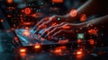 Hands type on laptop keyboard. Tech data, info elements float around keyboard. Person performs tech task. Modern training,