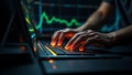 Hands Typing on a Keyboard with Digital Stock Market Data Displayed Royalty Free Stock Photo