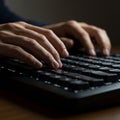 Hands typing on a black computer keyboard, with keys slightly elevated. The Royalty Free Stock Photo