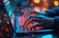 Hands typing code on illuminated laptop keyboard. Data streams, connection lines in cyberspace. Programmer works on software, Royalty Free Stock Photo