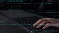 Hands Typing Code on Keyboard with Digital Data Overlay and Programming Language Syntax in a Dark Environment for Tech Royalty Free Stock Photo