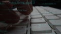 Hands Typing Code on Keyboard with Matrix of Programming Text in Background, Focus on Syntax and Coding Concepts in Royalty Free Stock Photo