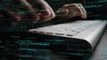Hands Typing Code on a Laptop Keyboard Surrounded by Green Programming Text and Lines of Code Representing Software Royalty Free Stock Photo