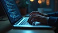 Hands typing code on laptop. Programmer working on software. Cyber security concept, data protection. Dark background, hacker, Royalty Free Stock Photo