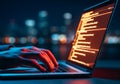 Hands typing code on laptop screen at night coding 1 Royalty Free Stock Photo