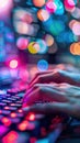 Hands Typing on Colorful Keyboard with Coding Screen. Generative ai Royalty Free Stock Photo