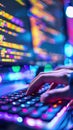 Hands Typing on Colorful Keyboard with Coding Screen. Generative ai Royalty Free Stock Photo