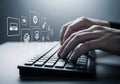 Hands typing on a computer keyboard with digital icons floating above, representing technology and data processing Royalty Free Stock Photo