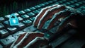 Hands typing on a dark keyboard with a glowing digital padlock Royalty Free Stock Photo