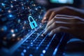 Hands typing with digital lock symbol for cybersecurity Royalty Free Stock Photo