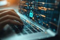 Hands typing with digital lock symbol for cybersecurity Royalty Free Stock Photo