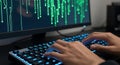 Hands typing on a glowing keyboard with abstract digital code cascading on a computer screen representing cybersecurity Royalty Free Stock Photo