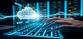 Hands typing on a glowing keyboard with a digital cloud and data streams in the background Royalty Free Stock Photo