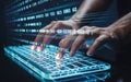 Hands typing on glowing keyboard with digital data stream and binary code Royalty Free Stock Photo