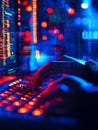 Hands typing on illuminated keyboard with glowing digital interface displaying data and code, representing cybersecurity and Royalty Free Stock Photo