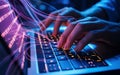 Futuristic Coding Session: Hands Typing Binary Data on a Glowing Laptop. Royalty Free Stock Photo