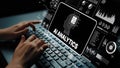 Hands Typing on Keyboard with AI Analytics Dashboard Displaying Data Visualization and Technology Interface. Asymptotic Royalty Free Stock Photo