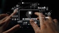 Hands Typing on Keyboard with AI Analytics Visuals and Data Graphic Elements in Modern Digital Environment. Asymptotic Royalty Free Stock Photo