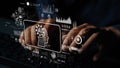 Hands Typing on Keyboard with AI Technology Graphics and Digital Data Visualization in Background. Asymptotic smart data Royalty Free Stock Photo