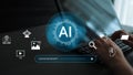 Hands Typing on Keyboard with AI Theme, Digital Interface Elements, Technology Concepts, Machine Learning, Data Analysis Royalty Free Stock Photo